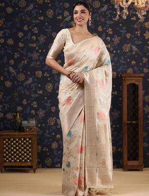 Off white woven design pure linen banarasi sarees 4