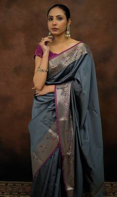 Grey katan silk woven saree with blouse 2