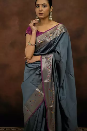 Grey katan silk woven saree with blouse