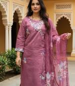 Mauve embroidered silk blend kurta trouser dupatta set