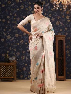 Off white woven design pure linen banarasi sarees 5
