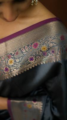 Grey katan silk woven saree with blouse 3