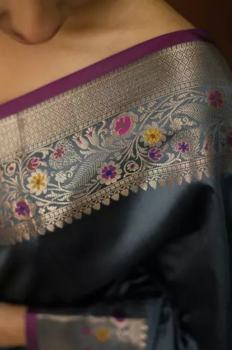 Grey katan silk woven saree with blouse