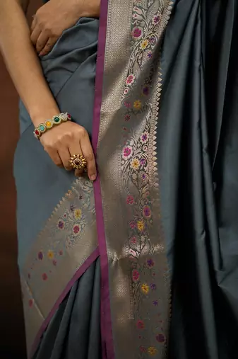 Grey katan silk woven saree with blouse