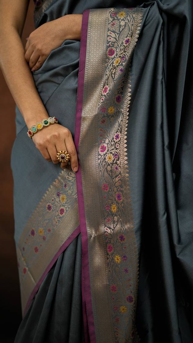 Grey katan silk woven saree with blouse