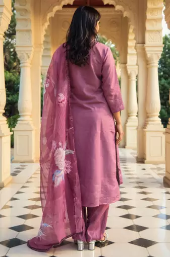 Mauve embroidered silk blend kurta trouser dupatta set