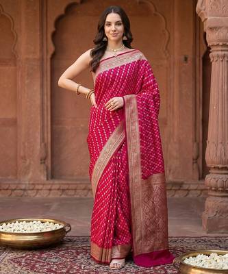 Red satin woven saree with blouse 1
