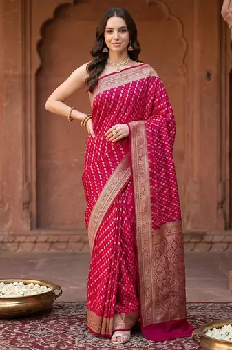 Red satin woven saree with blouse