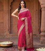 Red satin woven saree with blouse