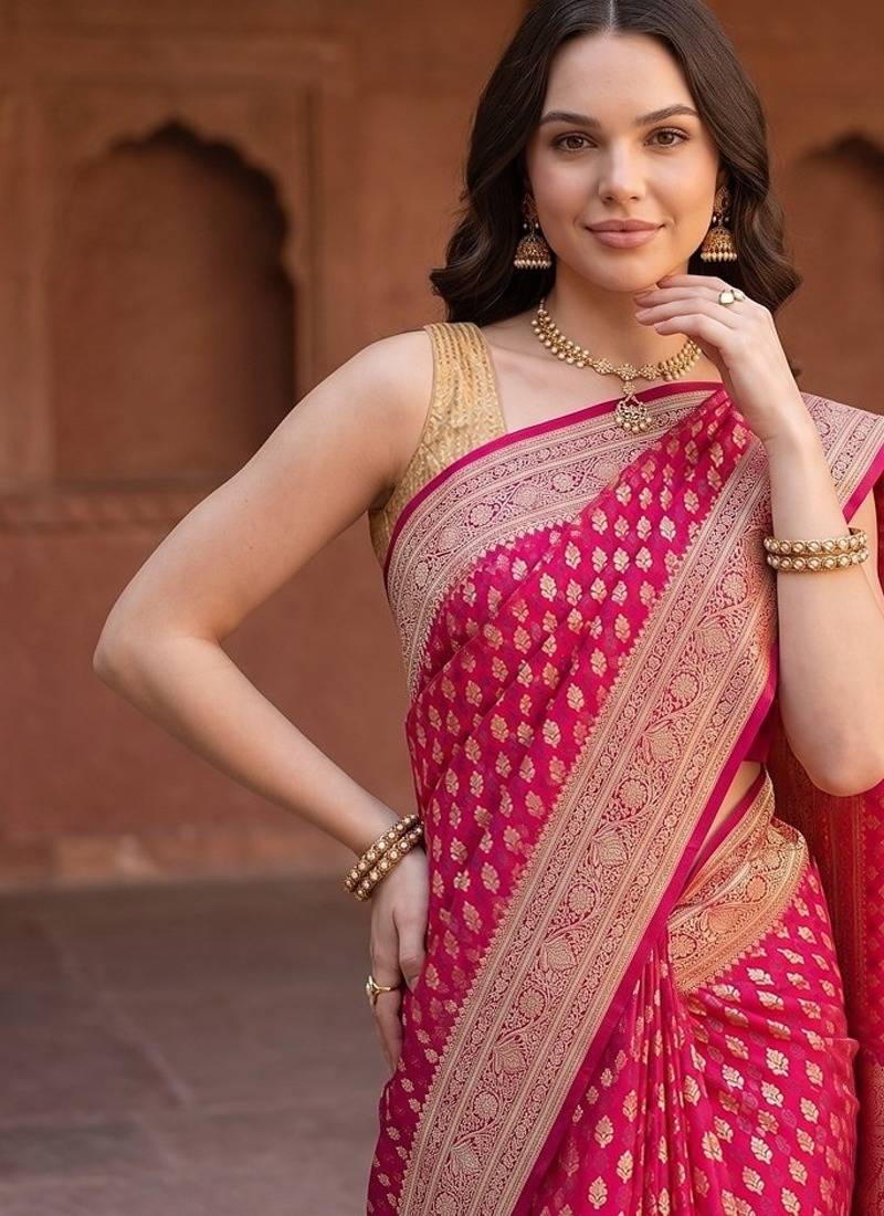 Red satin woven saree with blouse