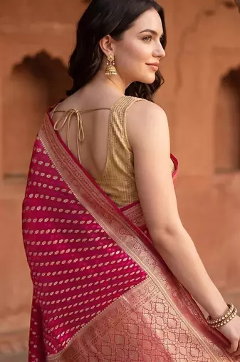 Red satin woven saree with blouse