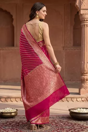 Red satin woven saree with blouse