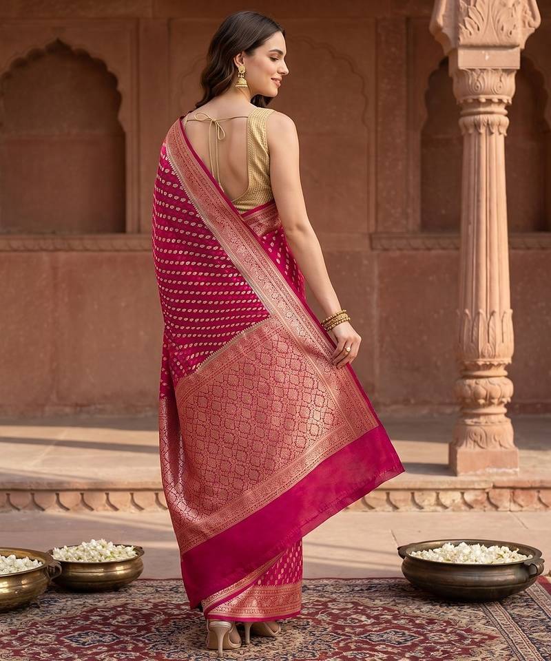 Red satin woven saree with blouse