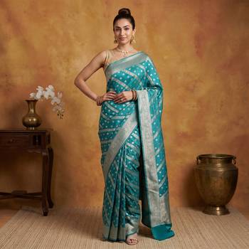 Teal blue katan silk woven saree with blouse 1