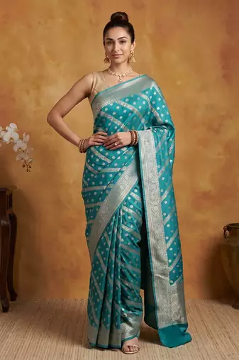 Teal blue katan silk woven saree with blouse