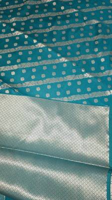 Teal blue katan silk woven saree with blouse 2