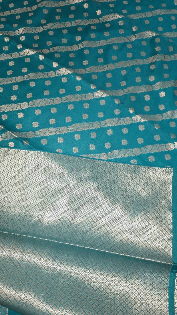 Teal blue katan silk woven saree with blouse