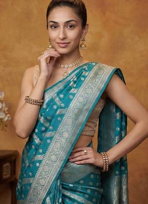 Teal blue katan silk woven saree with blouse 3