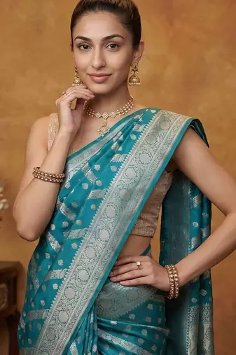 Teal blue katan silk woven saree with blouse