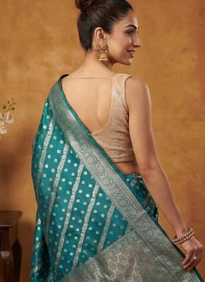 Teal blue katan silk woven saree with blouse 4