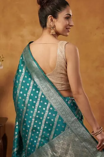 Teal blue katan silk woven saree with blouse