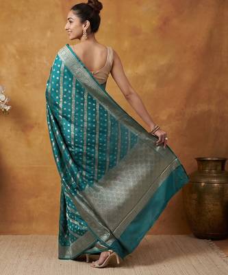 Teal blue katan silk woven saree with blouse 5
