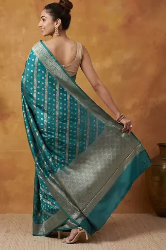 Teal blue katan silk woven saree with blouse