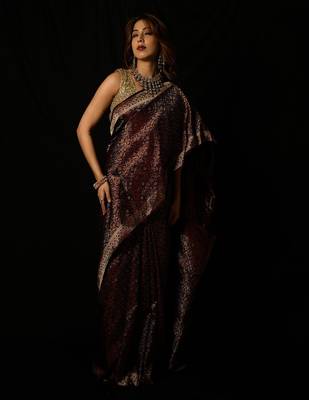 Maroon satin woven saree with blouse 1