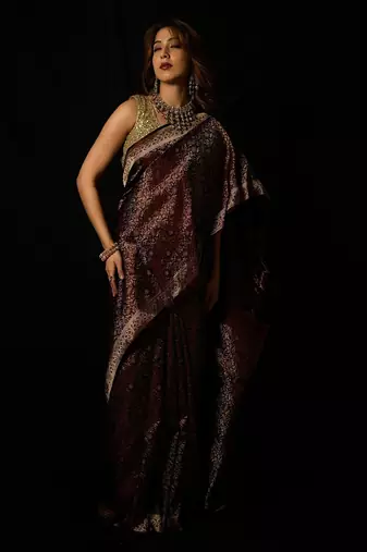 Maroon satin woven saree with blouse