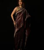 Maroon satin woven saree with blouse