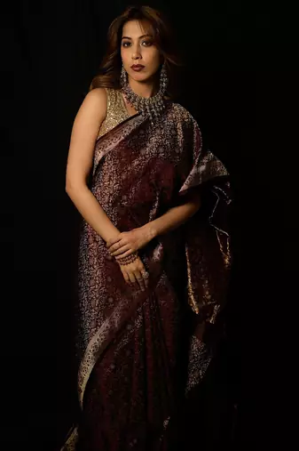 Maroon satin woven saree with blouse