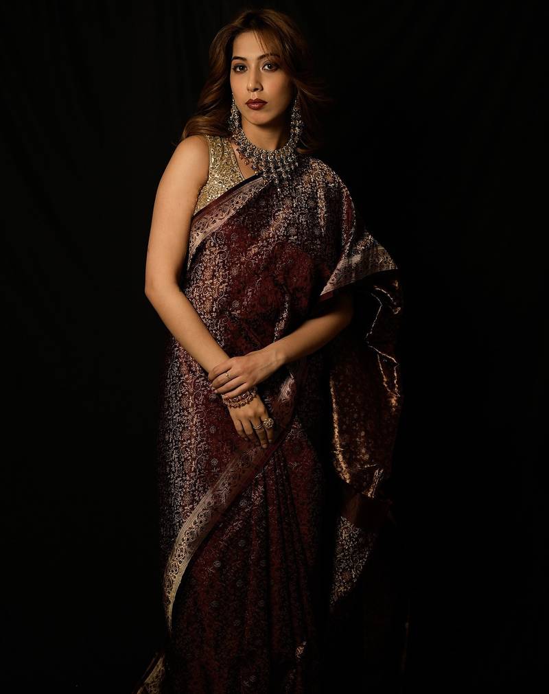 Maroon satin woven saree with blouse
