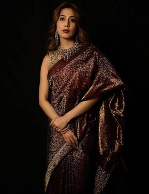 Maroon satin woven saree with blouse 3