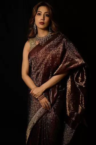 Maroon satin woven saree with blouse