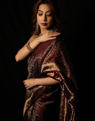 Maroon satin woven saree with blouse 4