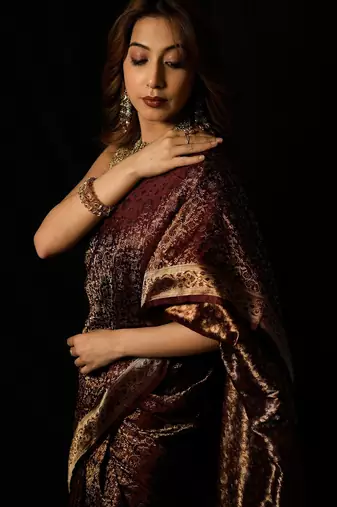 Maroon satin woven saree with blouse