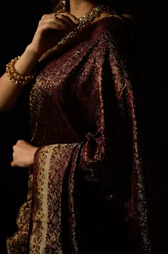 Maroon satin woven saree with blouse