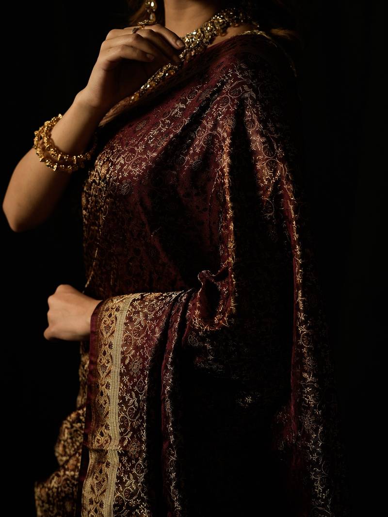 Maroon satin woven saree with blouse