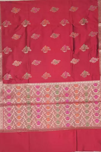 Red katan silk woven saree with blouse