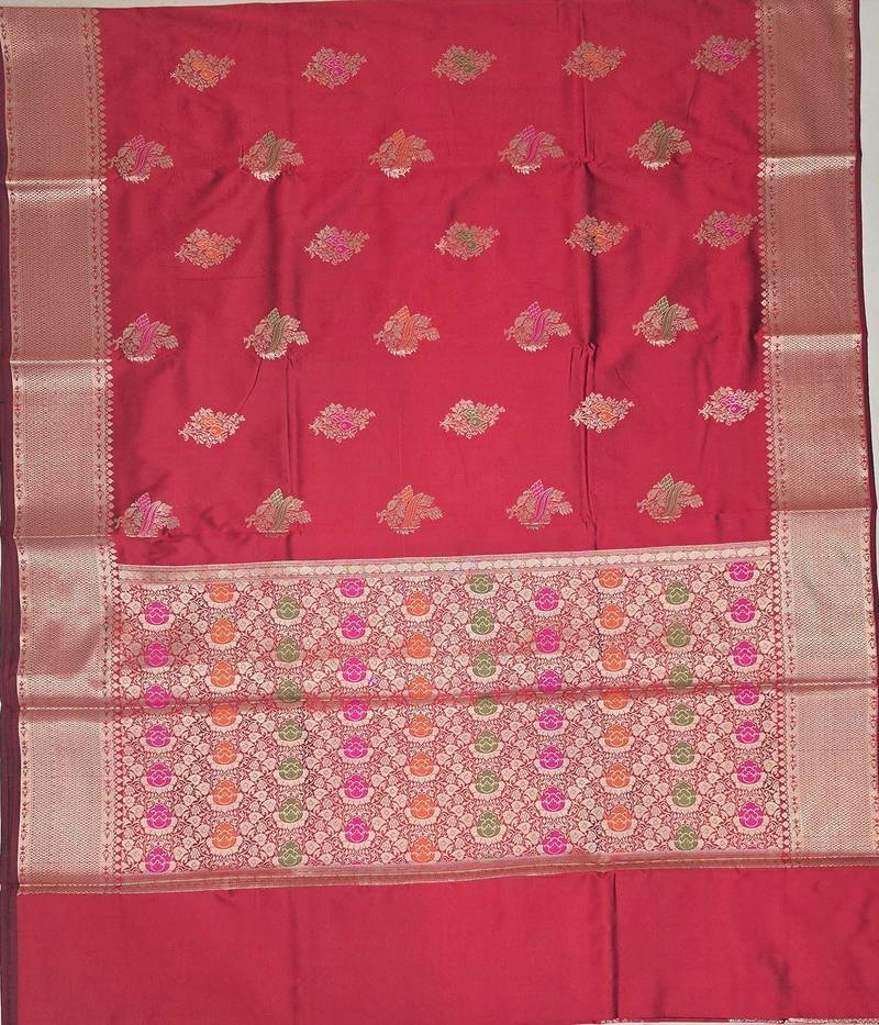 Red katan silk woven saree with blouse