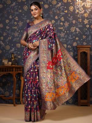 Purple ethnic motif woven design saree 5