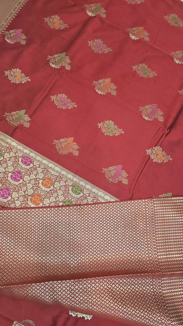 Red katan silk woven saree with blouse