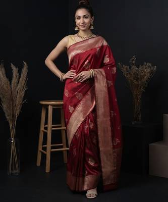 Red katan silk woven saree with blouse 1