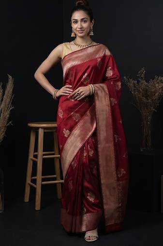 Red katan silk woven saree with blouse