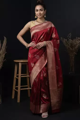Red katan silk woven saree with blouse