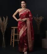 Red katan silk woven saree with blouse