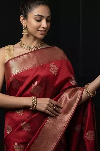 Red katan silk woven saree with blouse
