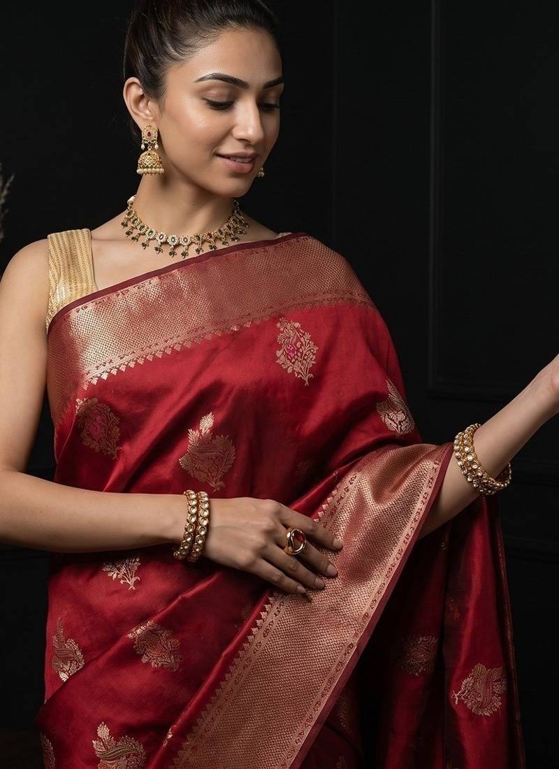 Red katan silk woven saree with blouse