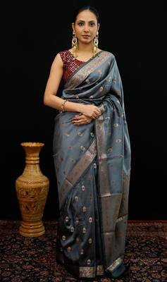 Grey katan silk woven saree with blouse 1