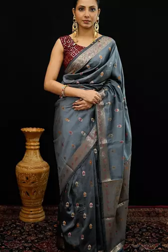 Grey katan silk woven saree with blouse